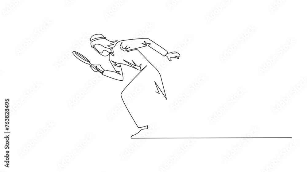 Poster animation of one line drawing of continuous one line drawing of arabian businessman holds magnifying