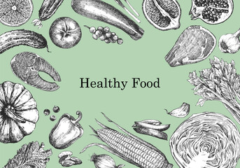 Healthy Food. Hand-drawn illustration of Food. Ink. Vector	