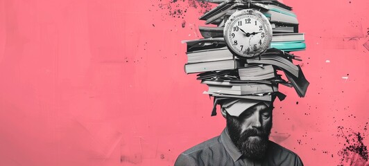 A man with a towering pile of books on his head topped alarm clock. The vivid pink background emphasizes the stress or pressure of time management and knowledge acquisition.
