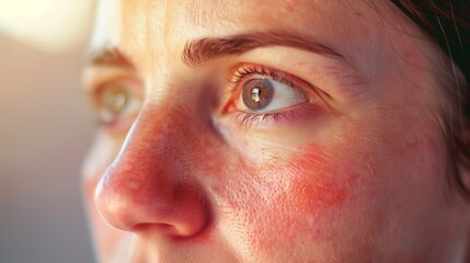Close-up of a woman's face showing details of rosacea on the skin. The focus is on her eye, capturing the textures and natural skin condition in a soft light.