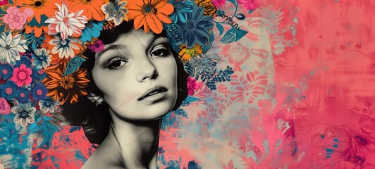 Cut-and-paste portrait of a woman with a vibrant floral collage as a headdress. Colorful flowers against a pink backdrop creates a striking visual effect.
