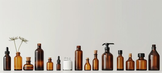 Assorted amber glass bottles for cosmetic products lined up on a clean, white surface. One contains a sprig of dried flowers, adding a natural touch to the elegant and minimalistic presentation.