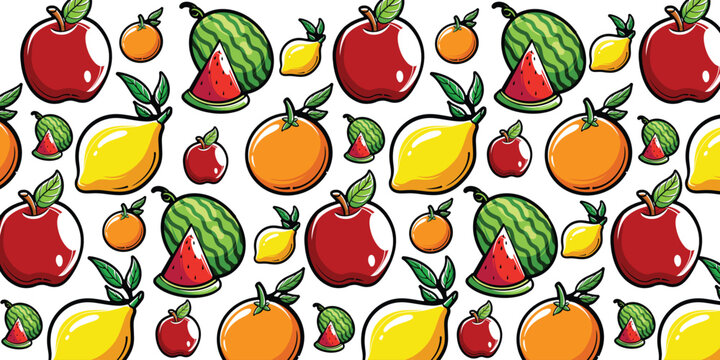 Vector apple, watermelon, lemon, orange fruit set seamless pattern background