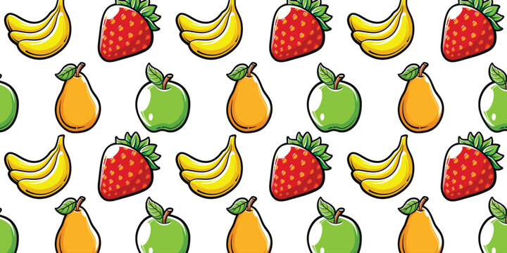 Vector apple, strawberry, banana, pear fruit set seamless pattern background