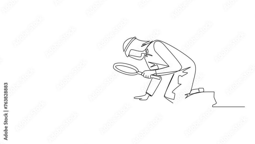 Poster animated self drawing of single one line drawing arabian businessman holding magnifying glass look a