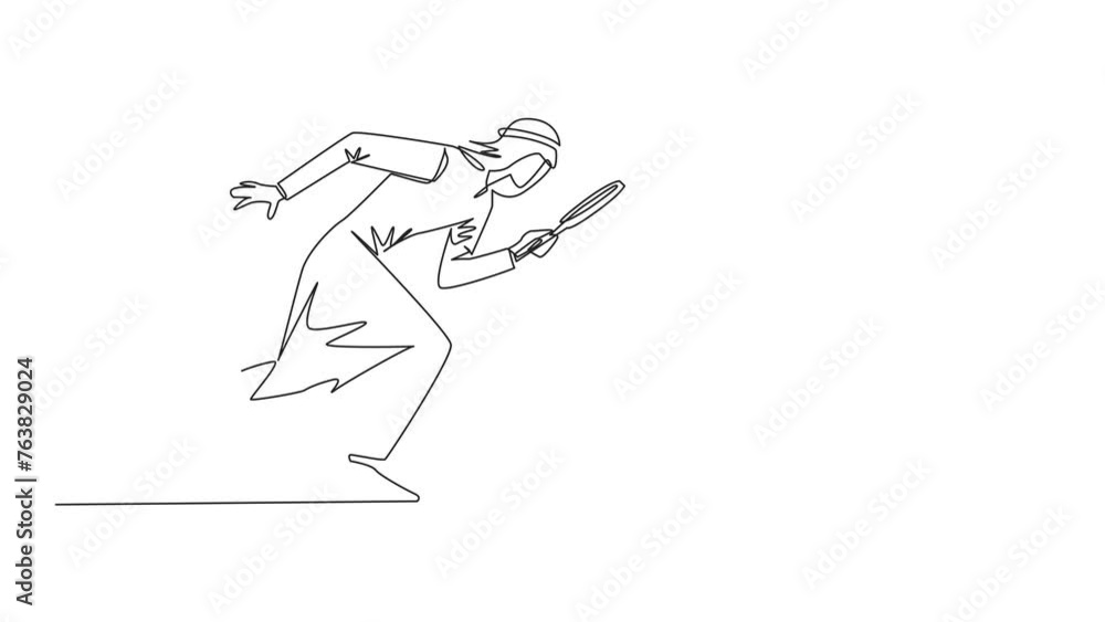 Poster animated self drawing of single continuous line drawing arabian businessman holds magnifying glass l