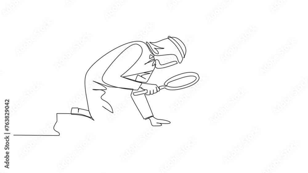 Poster animation of one line drawing of single continuous line drawing arabian businessman holds magnifying