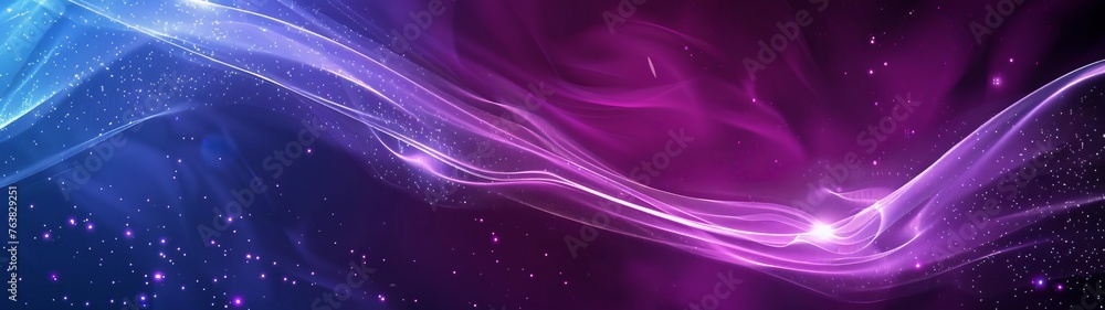 Poster a picture of a violet and blue gradient of flow and liquid with shiny small particles and sparkes, a