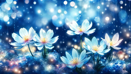 Fototapeta na wymiar Magical radiant blue cosmos flowers glowing at night, spring season botanical beauty - artistic background wallpaper design in the style of watercolor art.