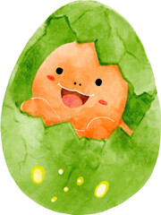 Baby dinosaur hatched from egg . Watercolor cartoon character .