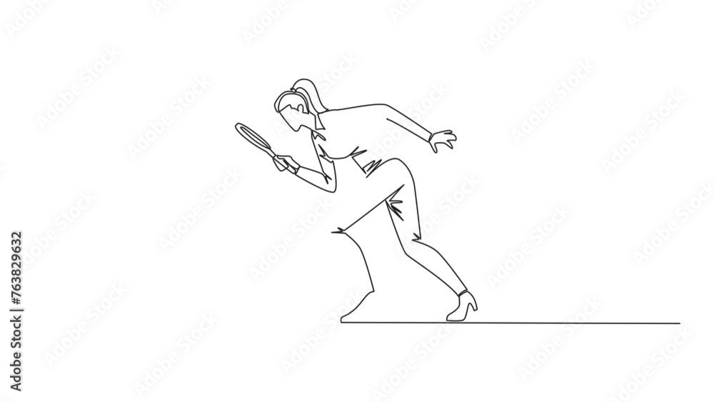 Poster animation of one line drawing of continuous one line drawing businesswoman holds magnifying glass lo