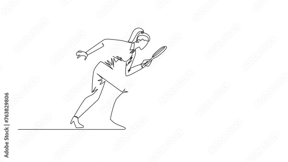 Poster animated self drawing of single continuous line drawing businesswoman holding magnifying glass looki