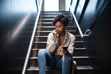 shot of a young woman using her mobile phone while sitting on a stairwell at work - obrazy, fototapety, plakaty