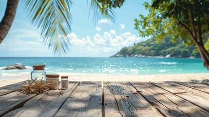 Beach Background With Accessories On Wooden Table with copy space.