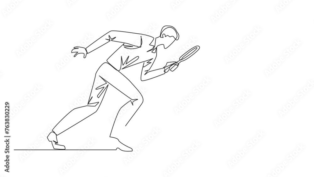 Poster animated self drawing of single one line drawing businessman holding magnifying glass looking at glo
