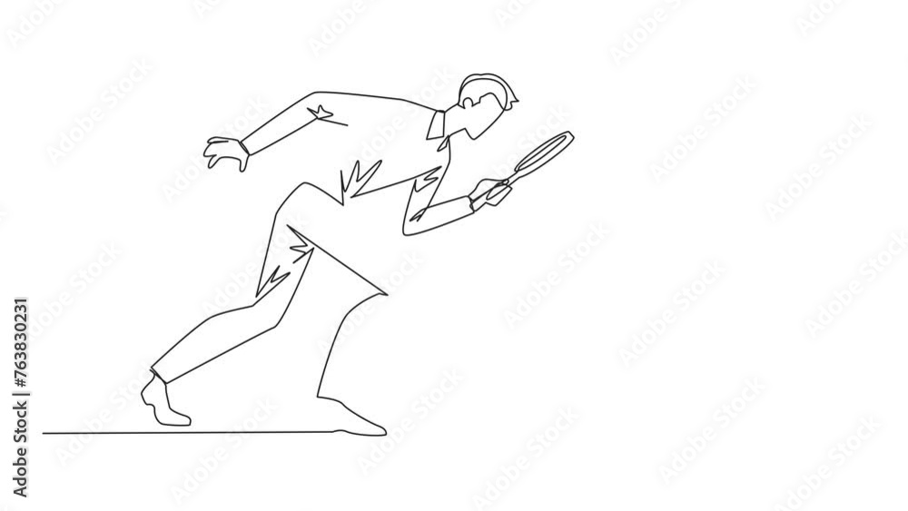 Poster animated self drawing of continuous one line drawing businessman holding magnifying glass highlights