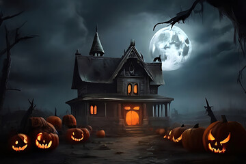Fototapeta na wymiar Halloween background with pumpkin and bats, scary house with moonlight, AI Generative
