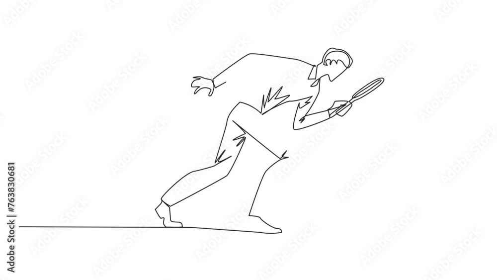 Poster animation of one line drawing of single one line drawing of businessman holds magnifying glass highl