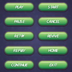 Set of green command buttons with word labels for game interfaces, designed for clear and easy interaction