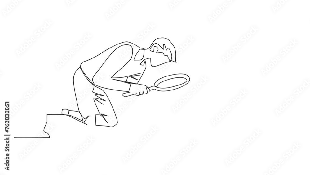 Poster animation of one line drawing of single continuous line drawing of businessman holds magnifying glas