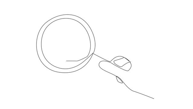 Animated self drawing of single one line drawing big hand holding magnifying glass highlights clipboard, schedule. Check work so business travel is not interrupted. Full length single line animation