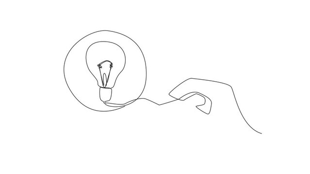 Animation of one line drawing of single continuous line drawing big hand holding magnifying glass highlights lightbulb. Intelligence will be used and useful for business benefits. Full length motion