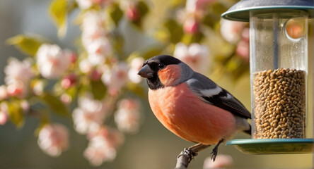 Cute bullfinch bird in the blooming orchard on the spring sunny day - 763831426