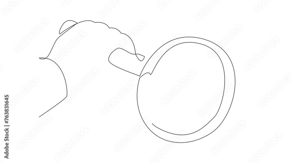 Poster self drawing animation of single continuous line drawing big hand holding magnifying glass highlight