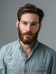 Obraz premium A clean studio portrait of a young man with a ginger beard in a light blue button-up shirt against neutral backdrop