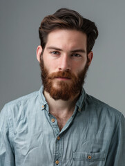 A clean studio portrait of a young man with a ginger beard in a light blue button-up shirt against neutral backdrop
