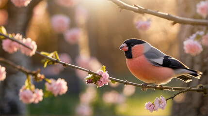 Cute bullfinch bird in the blooming orchard on the spring sunny day - 763831696