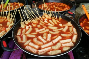 Seafood satay with spicy red spices in a black pan display as korean street vendor. this is asian street food inspired by thai or korean food. Ussually mixed for Seblak topping.