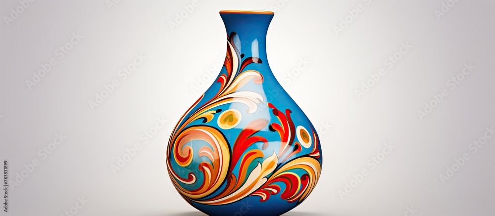 Poster there is a blue vase with a colorful design featuring various motifs and shapes on its surface
