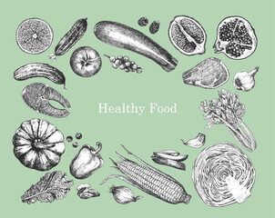 Healthy Food. Hand-drawn illustration of Food. Ink. Vector	
