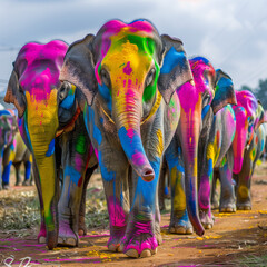 Painting colorful of elephant or  Animal Cheerful Elephant  - obrazy, fototapety, plakaty