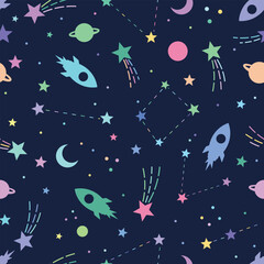 Cute galaxy pattern for kids, universe or space seamless repeating pattern, flat retro style star illustrations and rockets, vector wallpaper