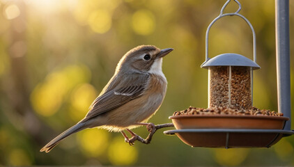 Cute little bird eating from bird feeder hanging in the garden - 763832014