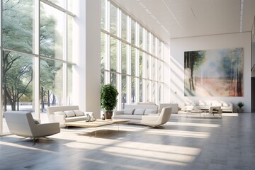 a large room with white furniture and large windows