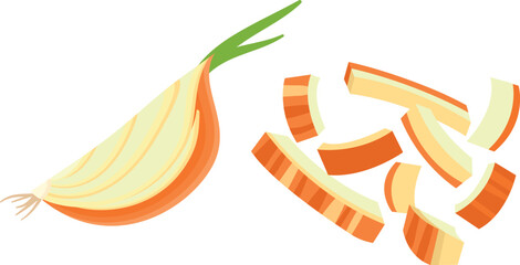 Cutted onion icon. Cartoon raw vegetable pieces