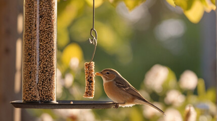 Cute little bird eating from bird feeder hanging in the garden - 763832226