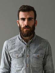 Obraz premium Portrait of a man with dark hair and full beard wearing a gray button-up shirt, giving an intense look on a plain background