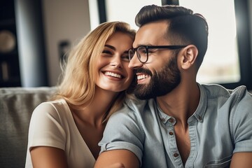 shot of a happy young couple spending time together at home - obrazy, fototapety, plakaty