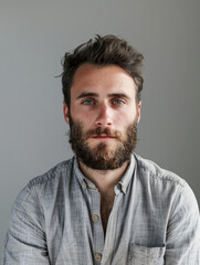 Obraz premium Casual portrait of a man with stubble, tousled hair, intense blue eyes, wearing a light casual shirt against a gray background