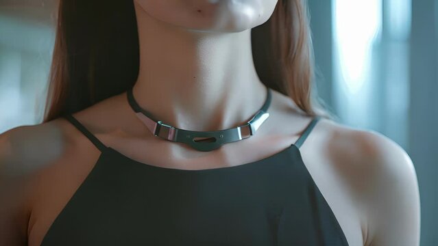 An upclose shot of a wearable device in the form of a necklace monitoring neck and upper back posture and providing realtime feedback.
