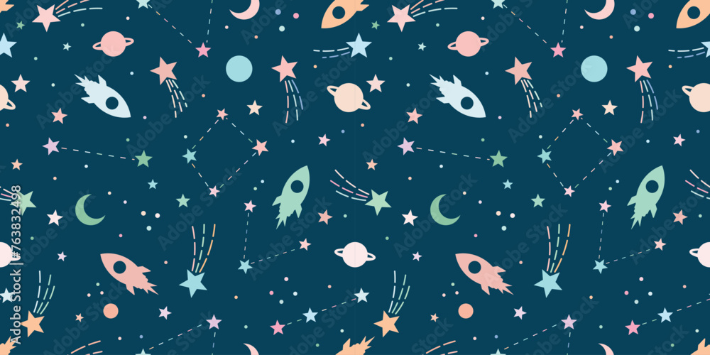 Poster galaxy rocket backgorund, flat vector illustration seamless repeat pattern with stars and planets, s