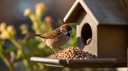 Cute little bird eating from bird feeder hanging in the garden - 763832465