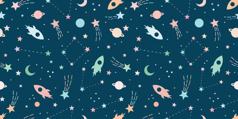 Galaxy rocket backgorund, flat vector illustration seamless repeat pattern with stars and planets, space wallpaper design