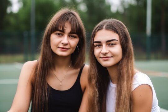 two young women posing against a tennis court