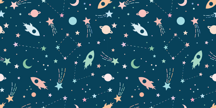 Galaxy rocket backgorund, flat vector illustration seamless repeat pattern with stars and planets, space wallpaper design