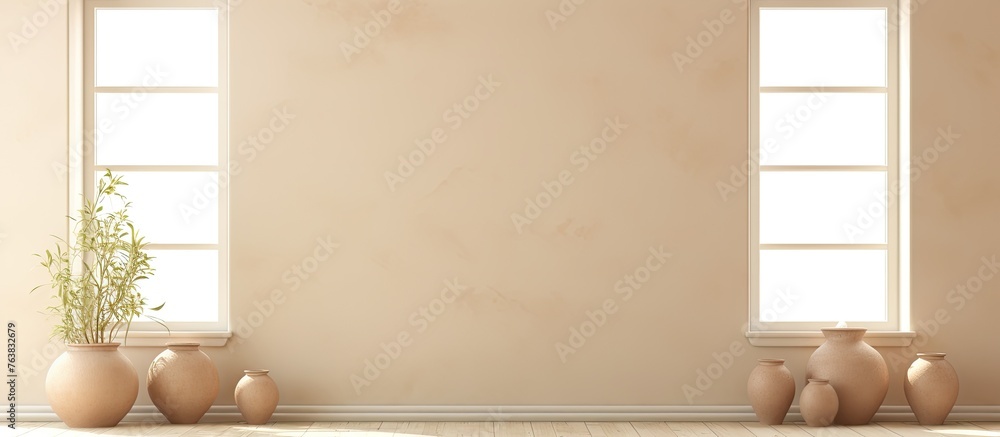 Poster three vases are placed in front of a wall featuring a plant, creating a simple and elegant decor set